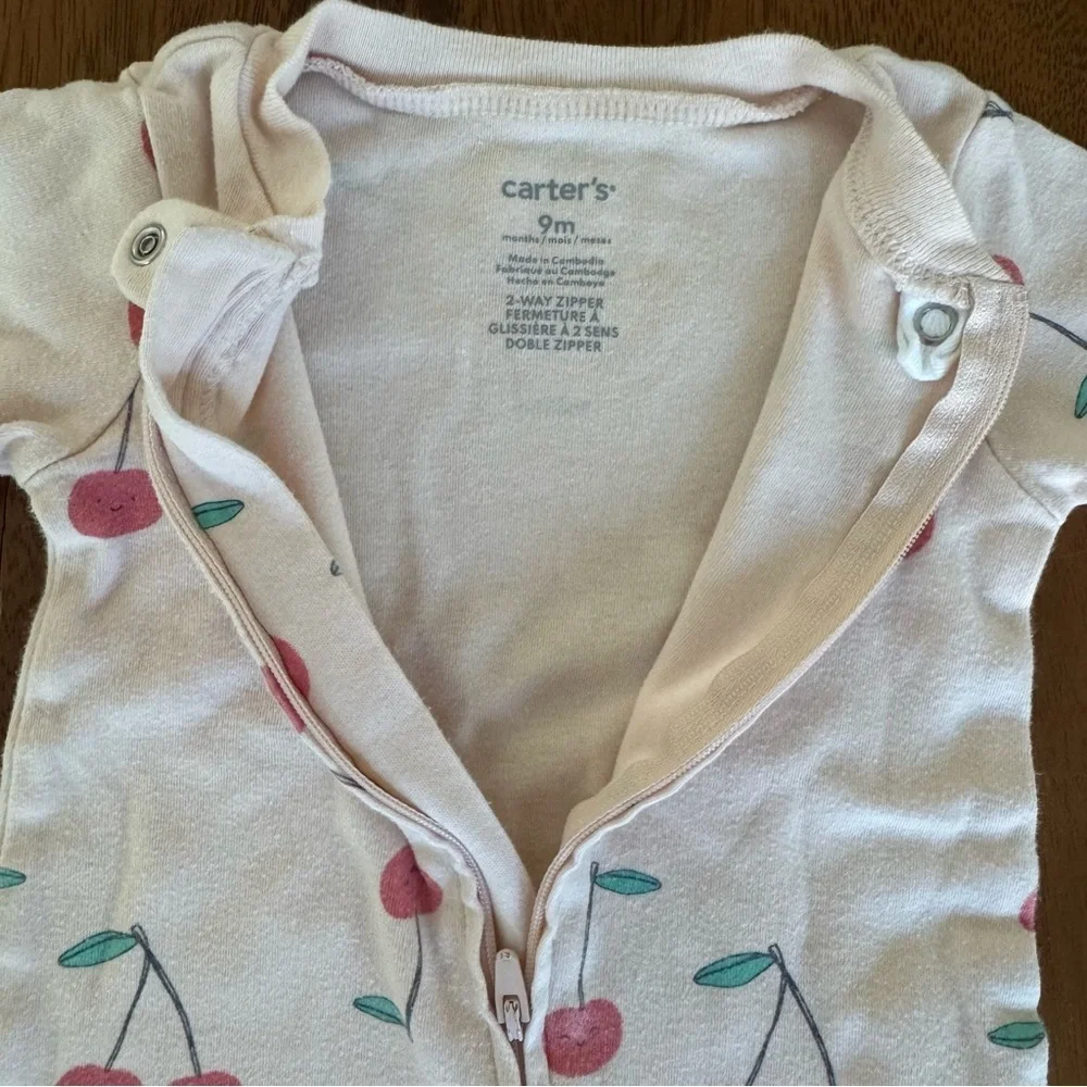 Carter’s Cherry Print Baby Girl Footed One Piece Pajama Size 9M 100% cotton
